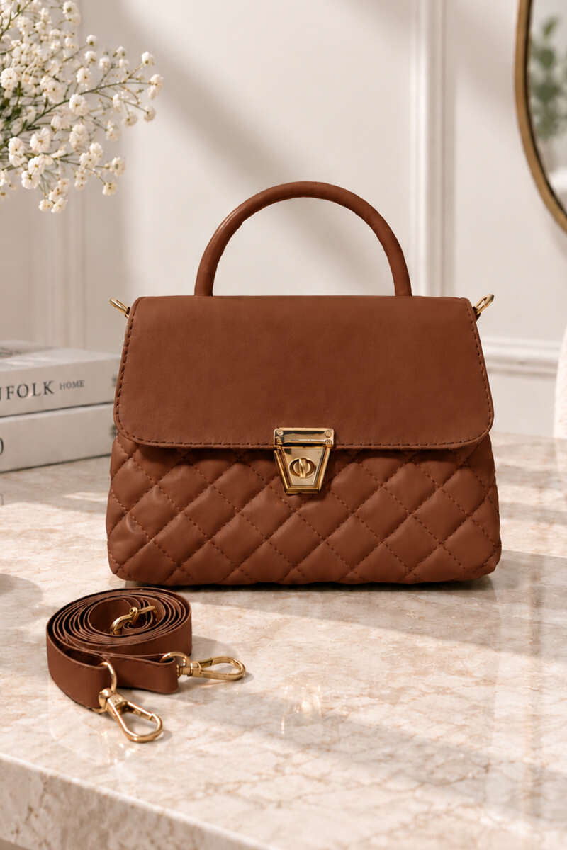 Quilted Handbag with Gold Lock - Tan