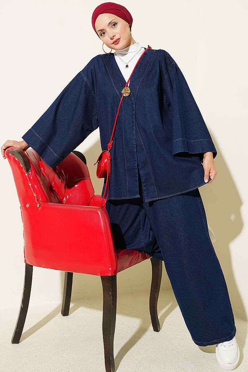 Two-Piece Set with Single Gold Button - Denim Blue