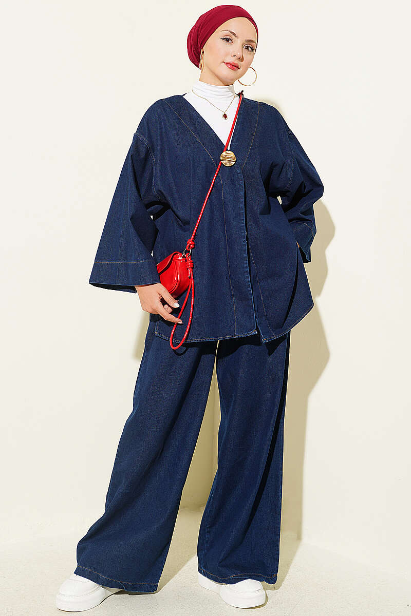 Two-Piece Set with Single Gold Button - Denim Blue