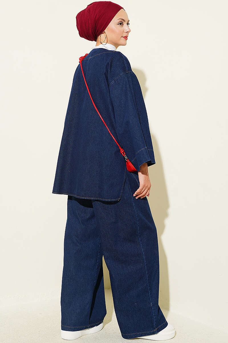 Two-Piece Set with Single Gold Button - Denim Blue
