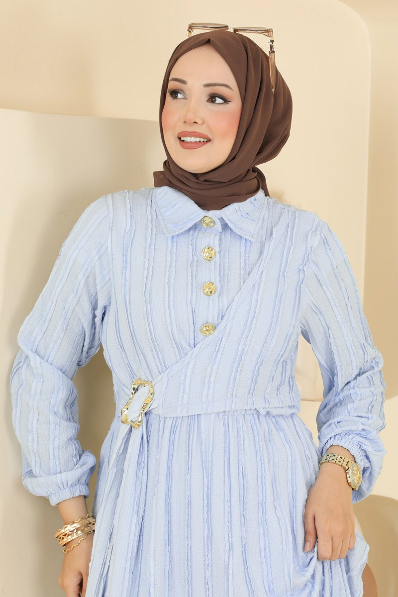 Amazon Knit Dress with Gold Buckle - Light Blue