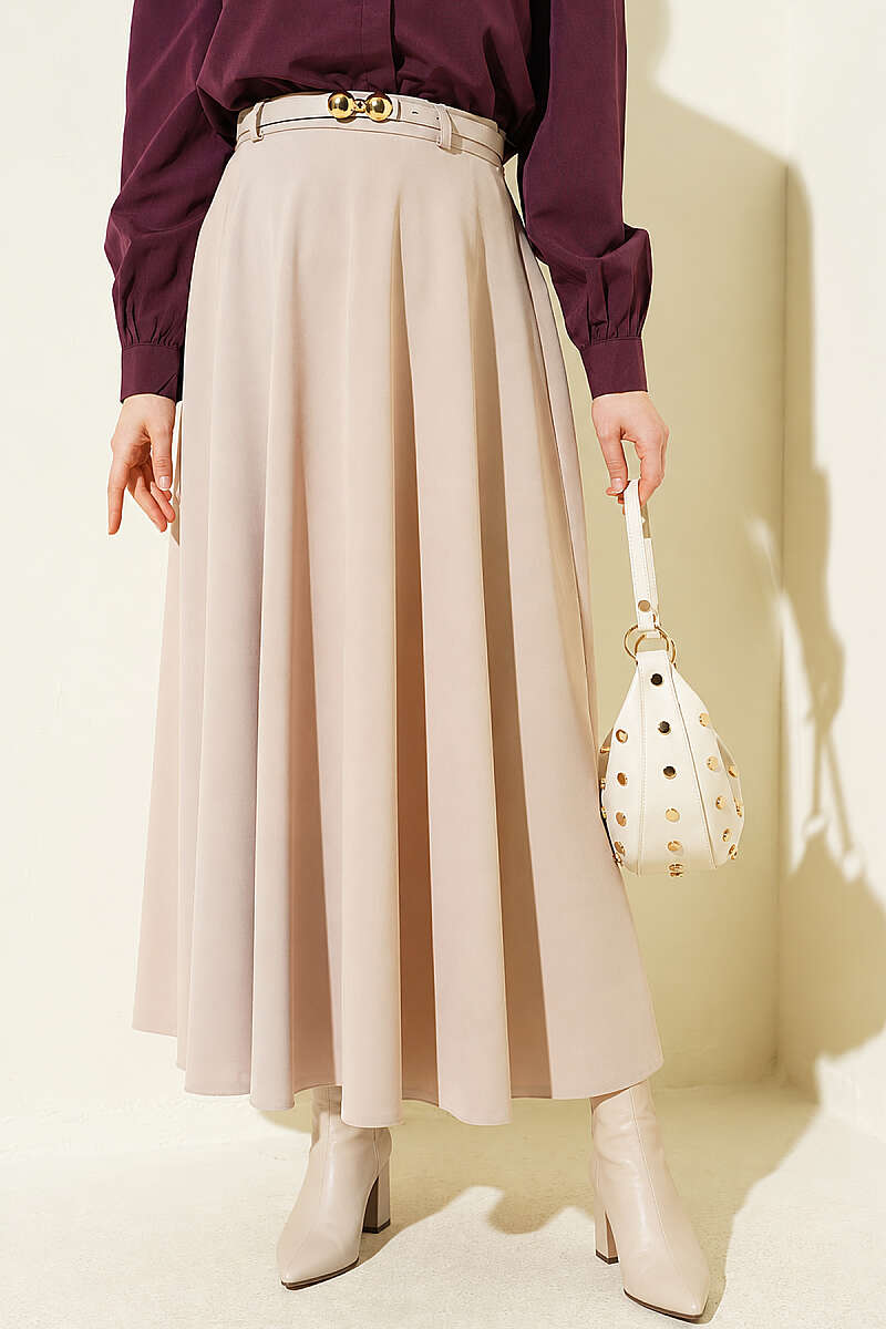 Mevlana Circle Skirt with Gold Buckle Belt - Beige
