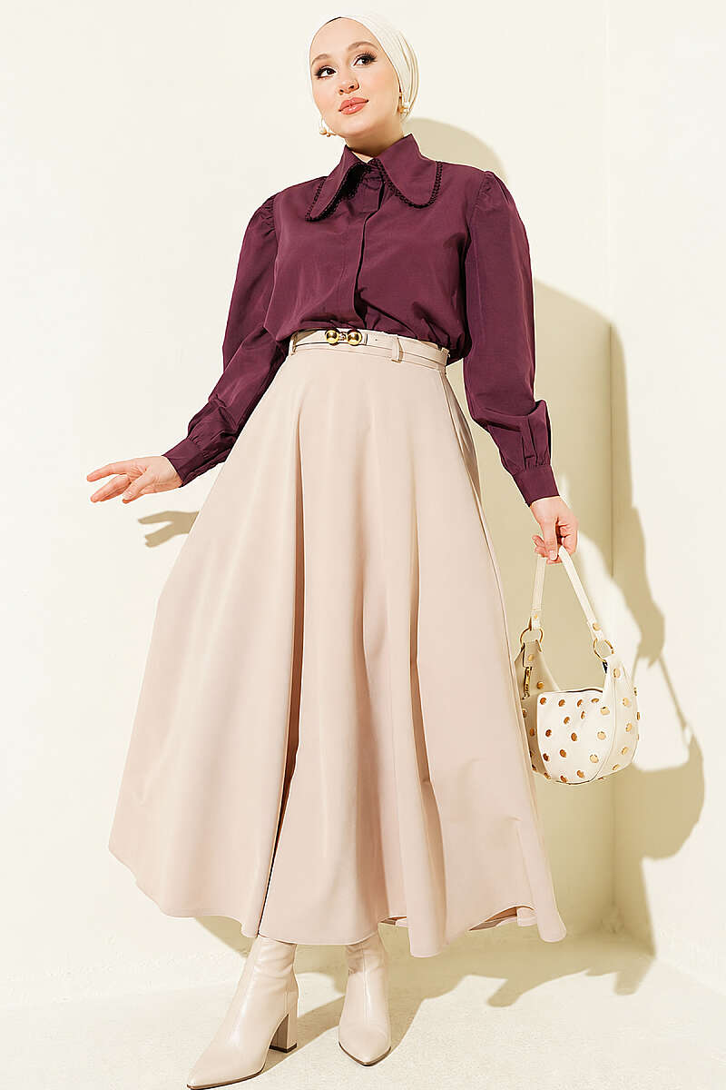 Mevlana Circle Skirt with Gold Buckle Belt - Beige