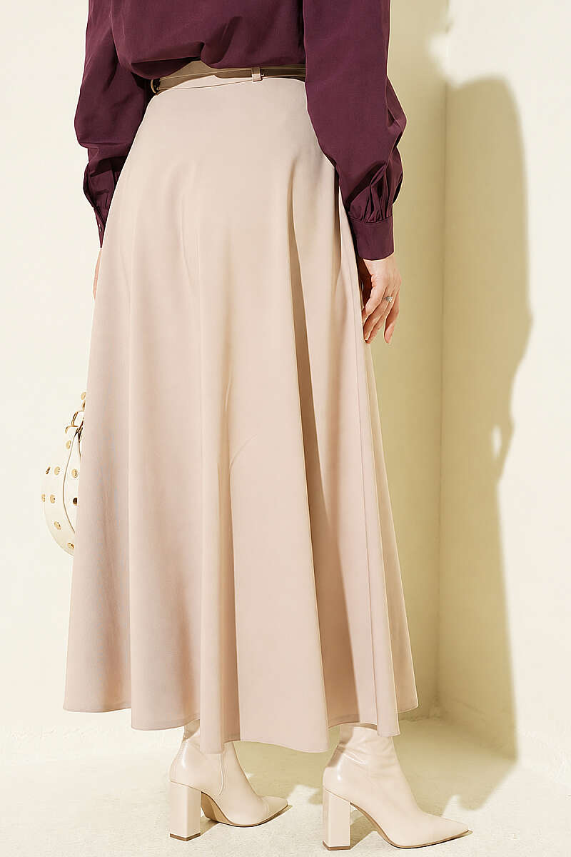 Mevlana Circle Skirt with Gold Buckle Belt - Beige