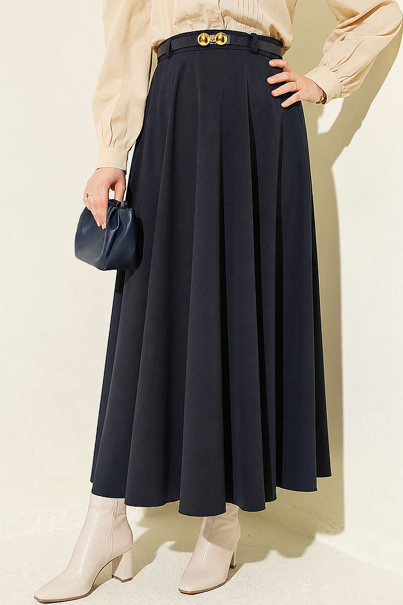 Mevlana Circle Skirt with Gold Buckle Belt - Navy