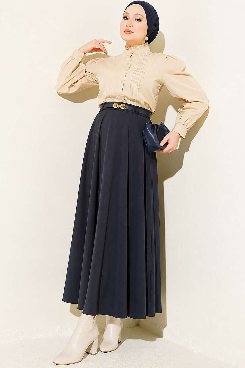 Mevlana Circle Skirt with Gold Buckle Belt - Navy