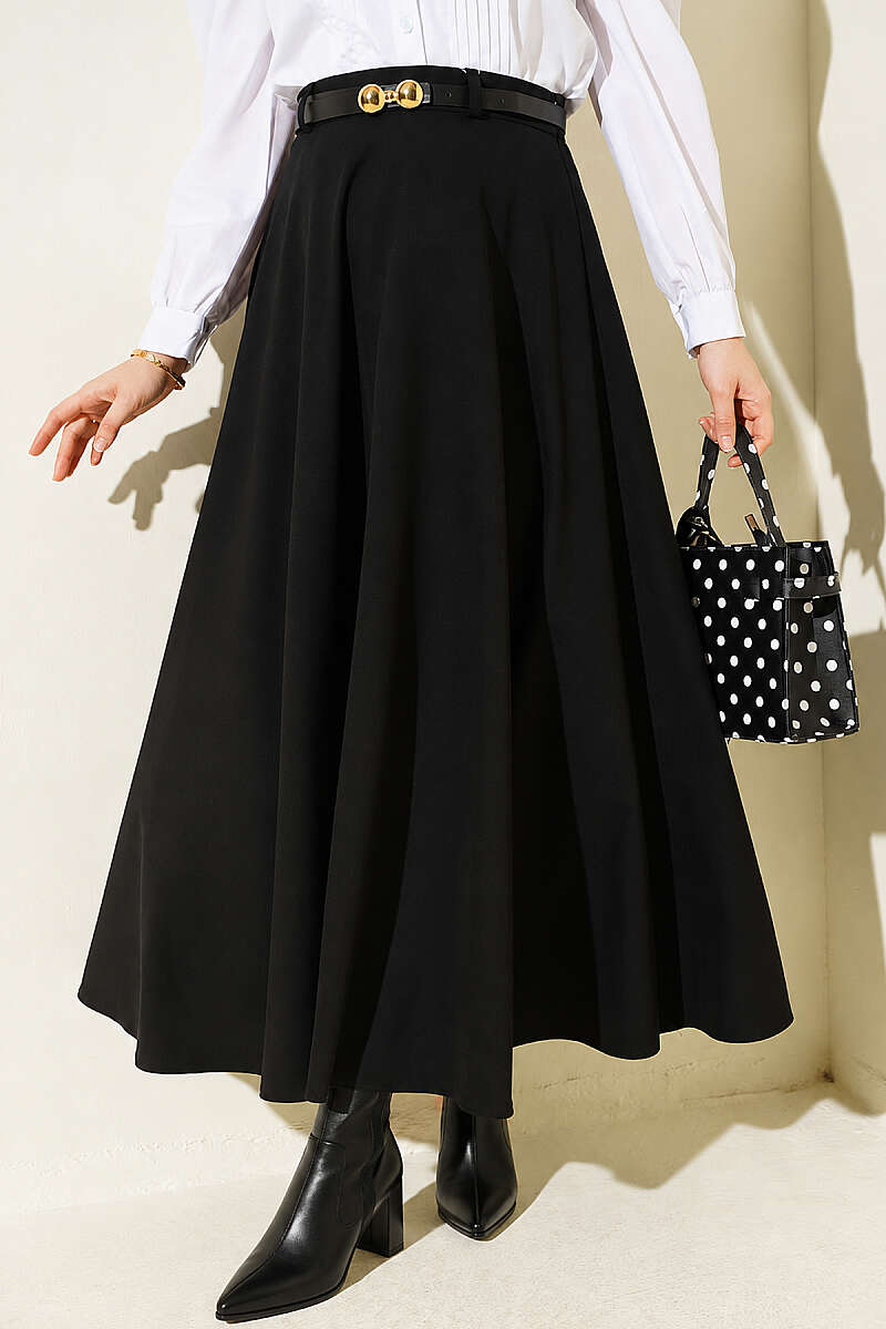 Mevlana Circle Skirt with Gold Buckle Belt - Black