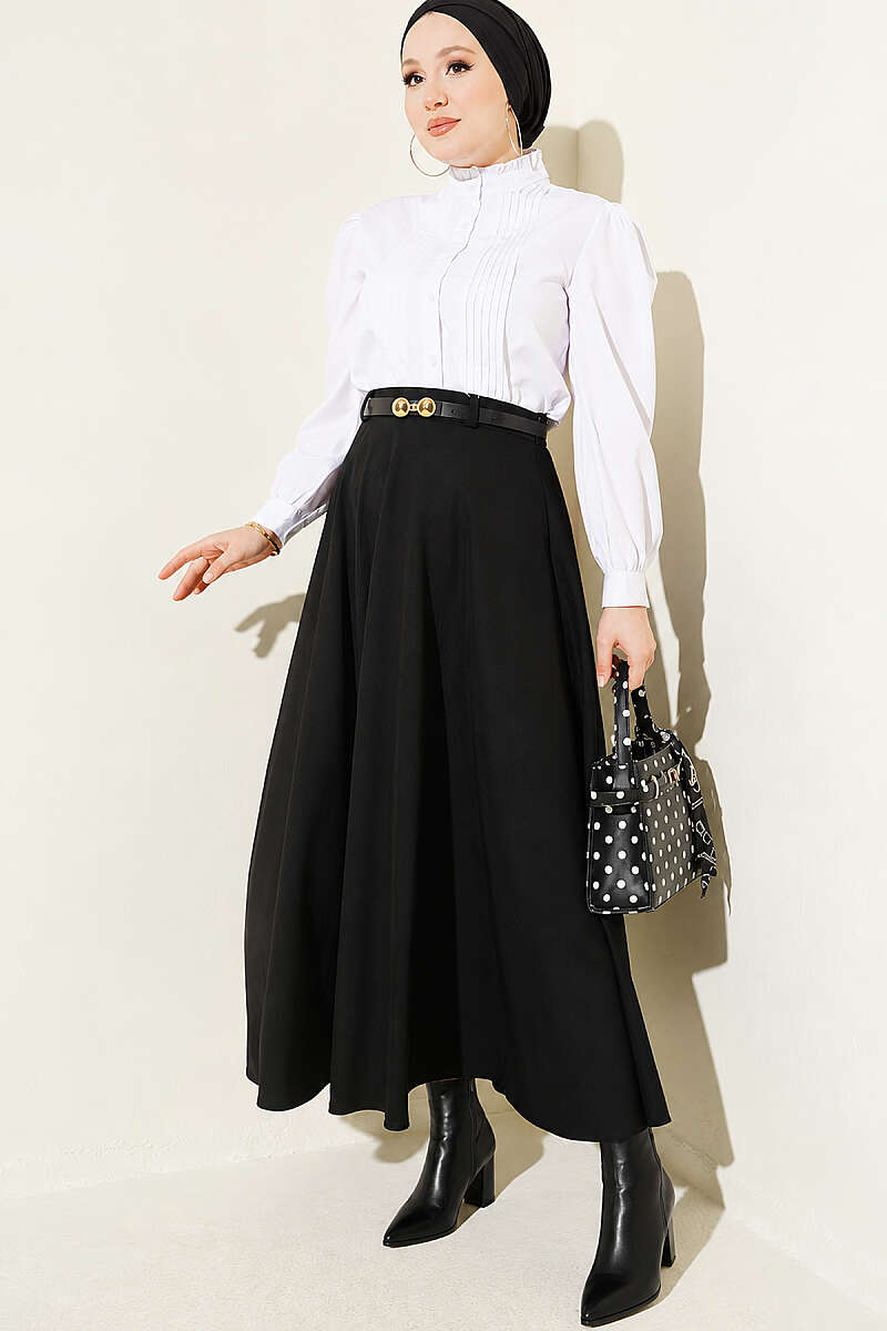 Mevlana Circle Skirt with Gold Buckle Belt - Black