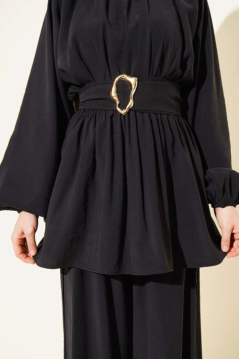 Modal Two-Piece Set with Gold Buckle and Elastic Waist - Black