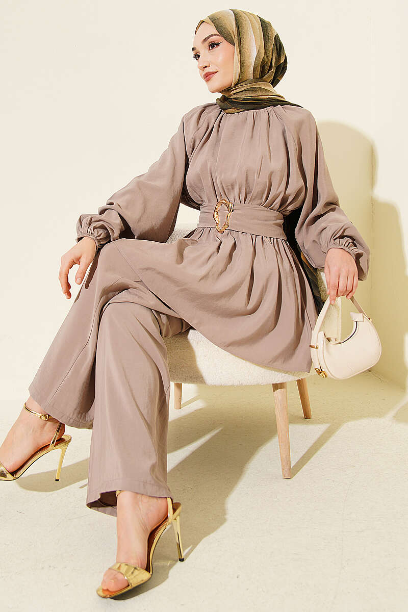 Modal Two-Piece Set with Gold Buckle and Elastic Waist - Mink