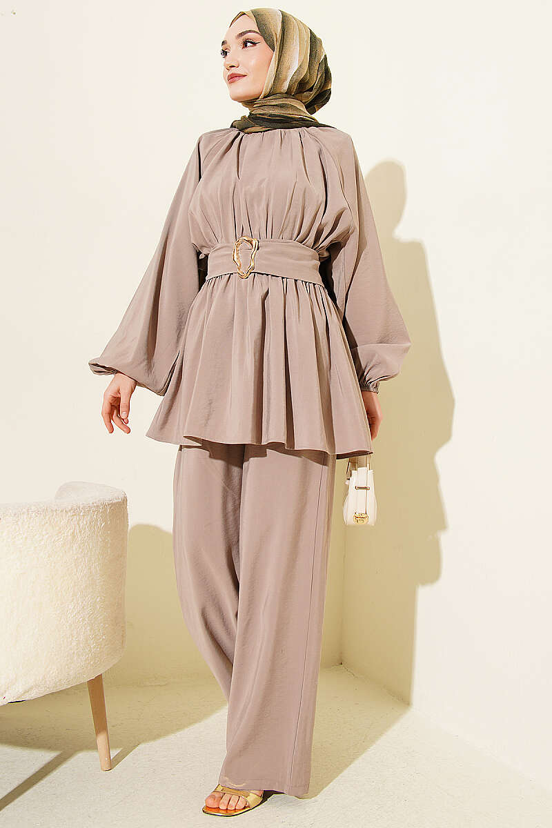 Modal Two-Piece Set with Gold Buckle and Elastic Waist - Mink
