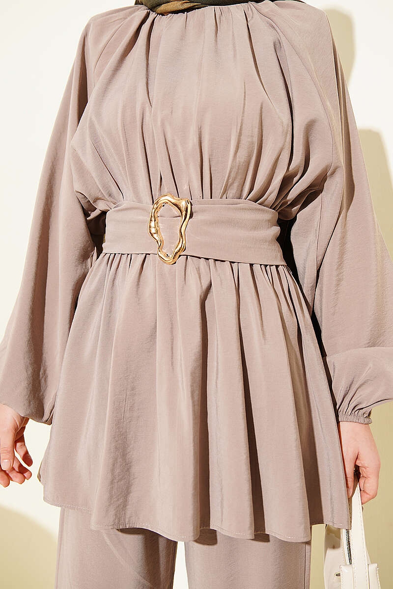 Modal Two-Piece Set with Gold Buckle and Elastic Waist - Mink