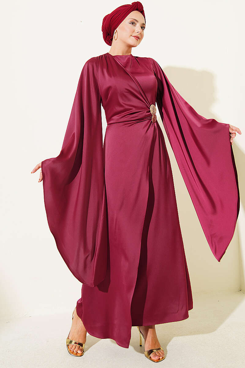 Wide-Sleeve Satin Evening Dress with Gold Buckle - Burgundy