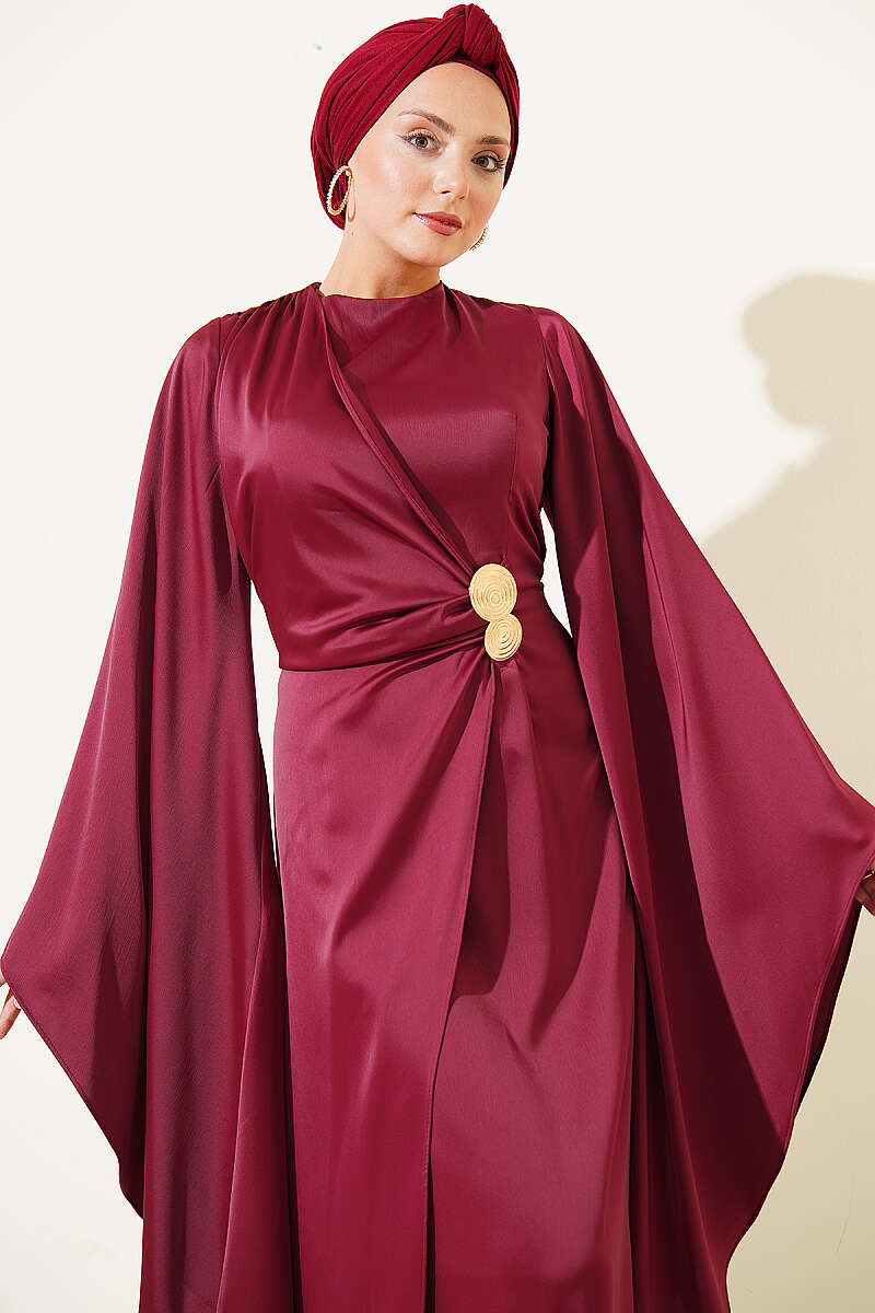 Wide-Sleeve Satin Evening Dress with Gold Buckle - Burgundy