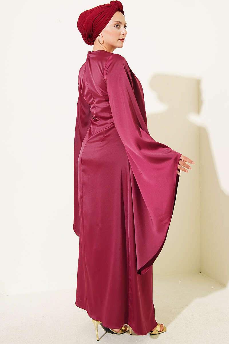 Wide-Sleeve Satin Evening Dress with Gold Buckle - Burgundy