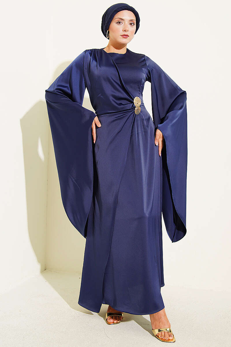 Wide-Sleeve Satin Evening Dress with Gold Buckle - Navy