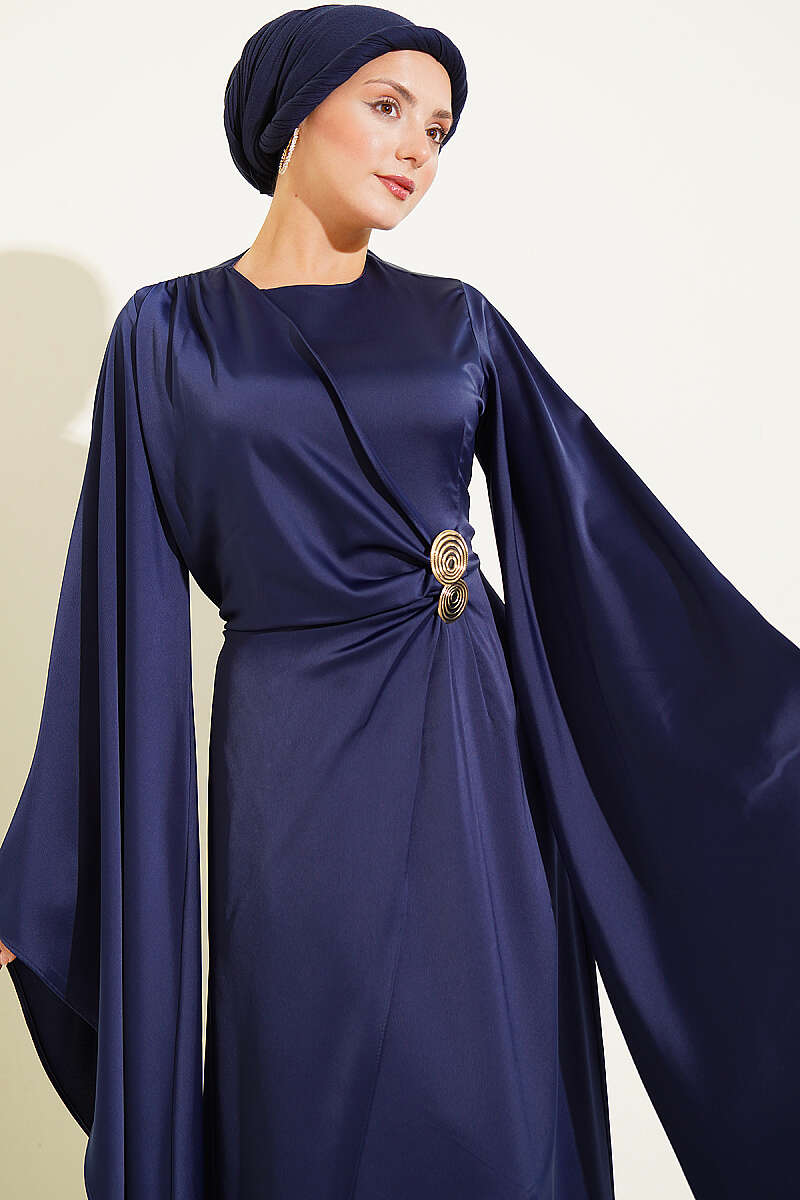 Wide-Sleeve Satin Evening Dress with Gold Buckle - Navy