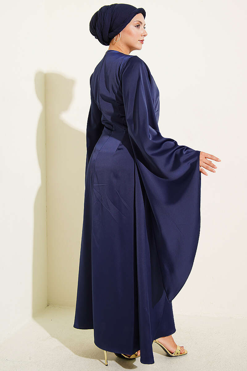 Wide-Sleeve Satin Evening Dress with Gold Buckle - Navy