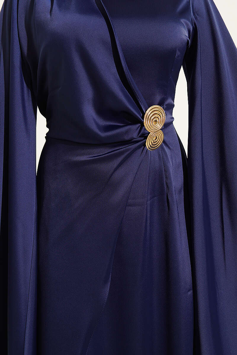 Wide-Sleeve Satin Evening Dress with Gold Buckle - Navy