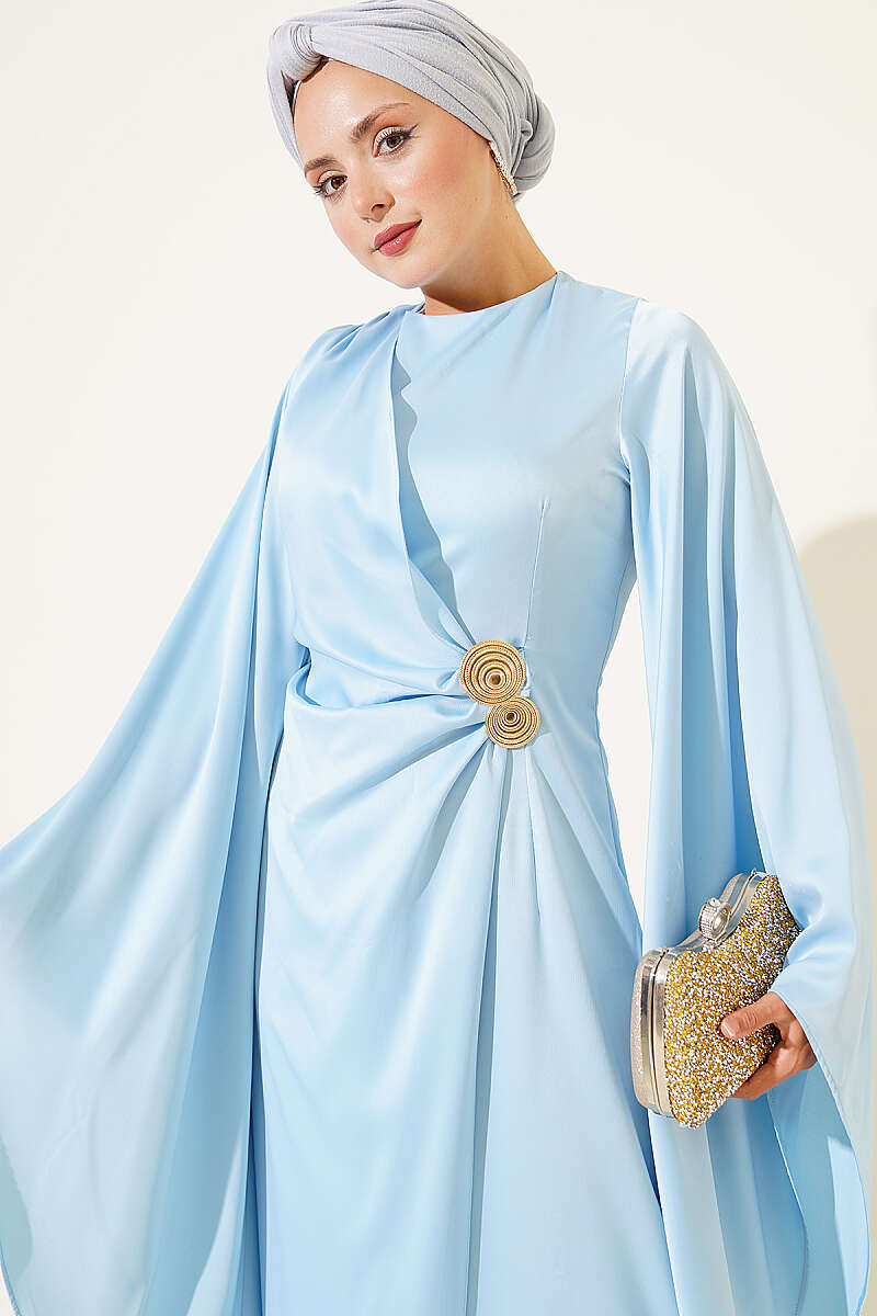 Wide-Sleeve Satin Evening Dress with Gold Buckle - Blue