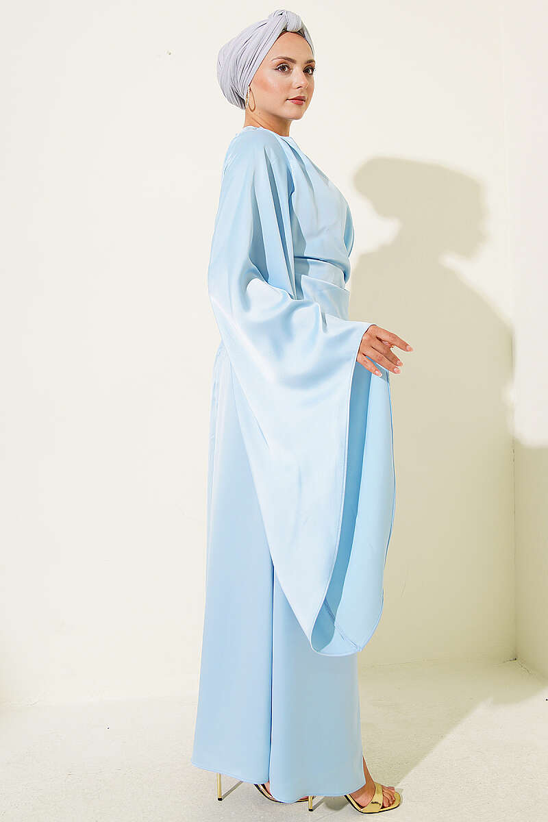Wide-Sleeve Satin Evening Dress with Gold Buckle - Blue