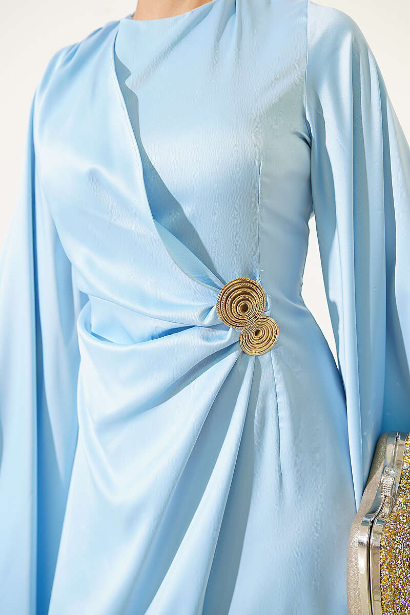Wide-Sleeve Satin Evening Dress with Gold Buckle - Blue