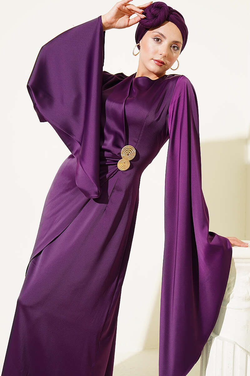 Wide-Sleeve Satin Evening Dress with Gold Buckle - Purple