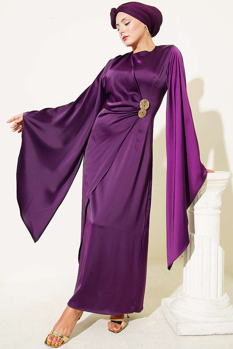 Wide-Sleeve Satin Evening Dress with Gold Buckle - Purple