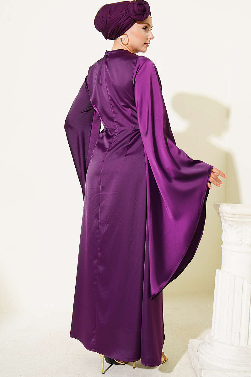 Wide-Sleeve Satin Evening Dress with Gold Buckle - Purple