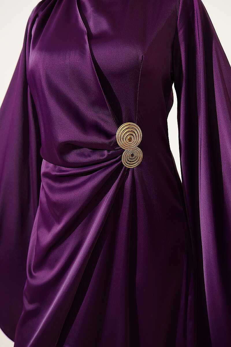 Wide-Sleeve Satin Evening Dress with Gold Buckle - Purple