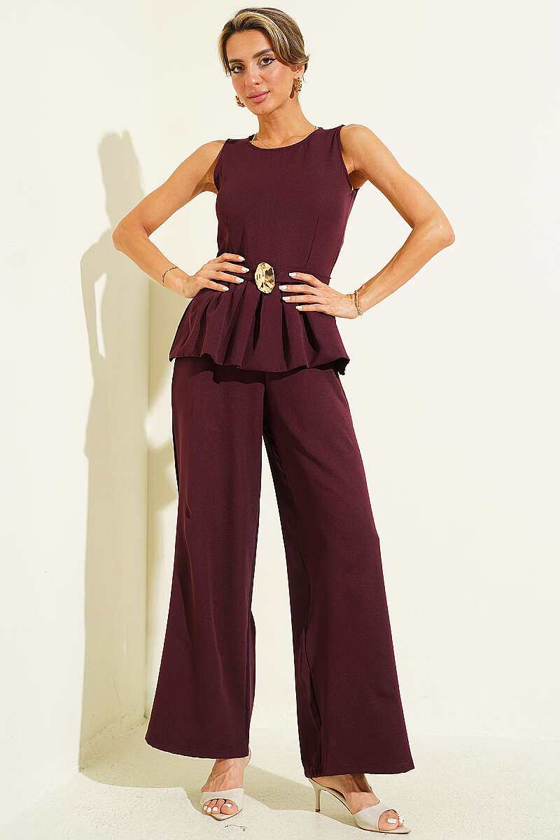 Sleeveless Jumpsuit with Gold Buckle - Plum