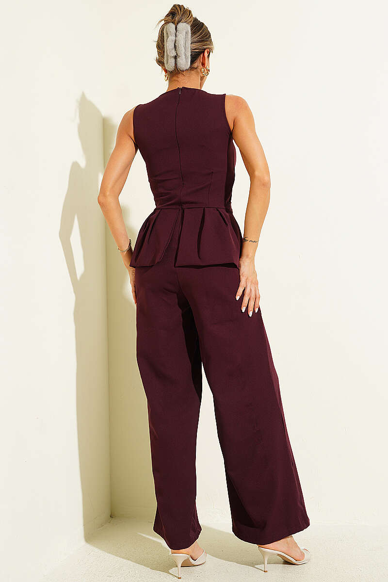 Sleeveless Jumpsuit with Gold Buckle - Plum