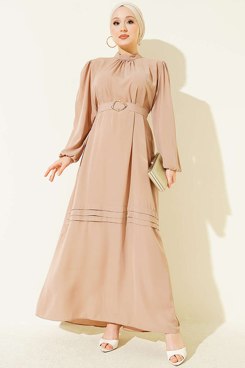 Belted Evening Dress with Gold Buckle - Beige