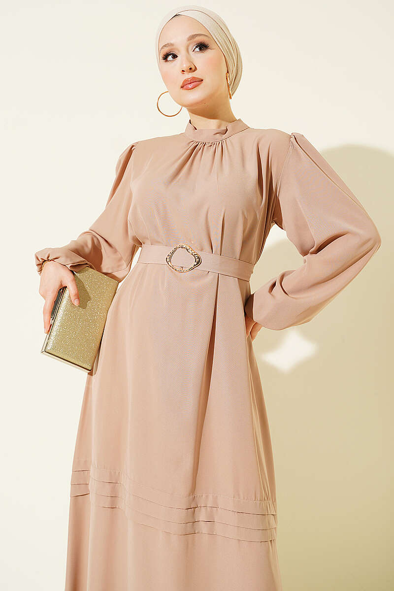Belted Evening Dress with Gold Buckle - Beige