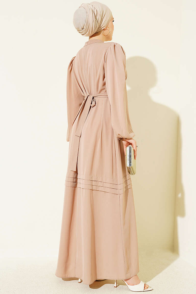 Belted Evening Dress with Gold Buckle - Beige