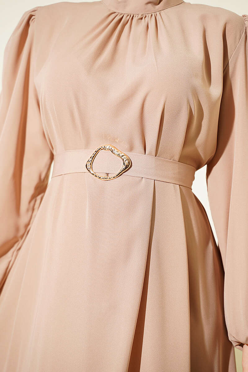 Belted Evening Dress with Gold Buckle - Beige