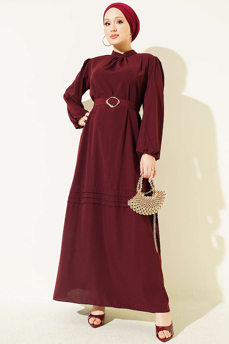 Belted Evening Dress with Gold Buckle - Burgundy