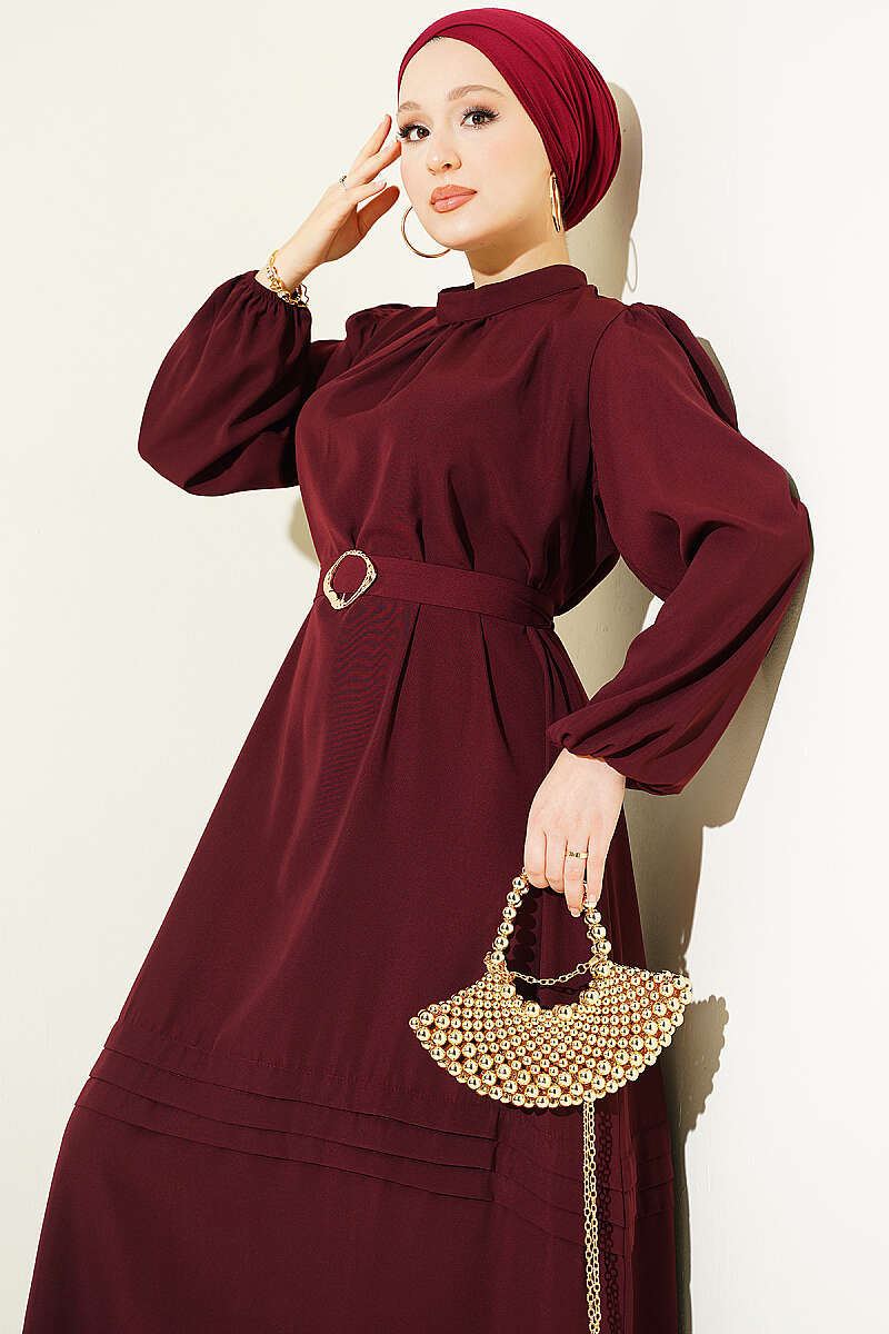 Belted Evening Dress with Gold Buckle - Burgundy