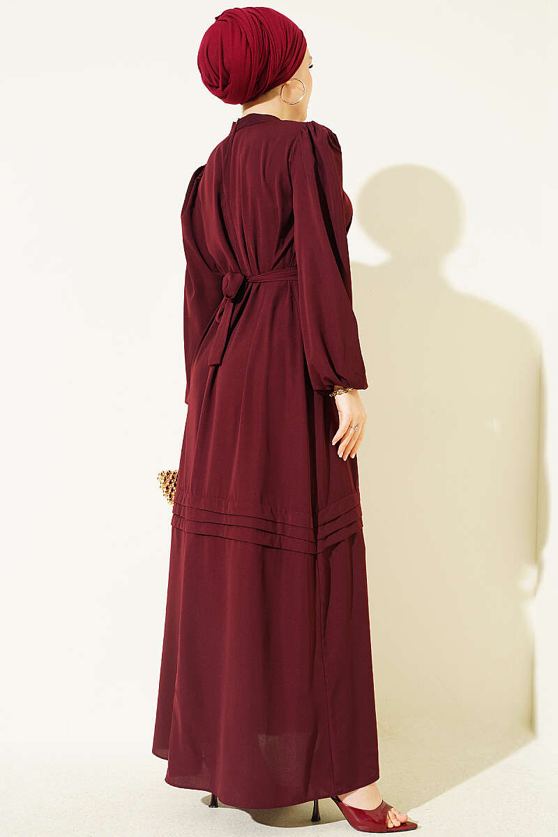 Belted Evening Dress with Gold Buckle - Burgundy
