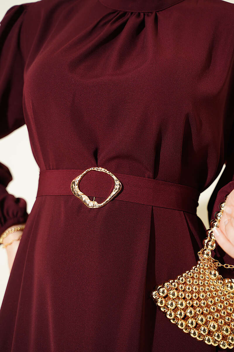 Belted Evening Dress with Gold Buckle - Burgundy