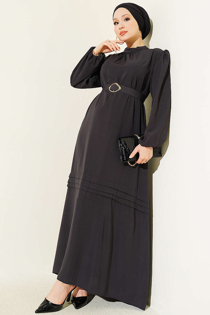 Belted Evening Dress with Gold Buckle - Smoke Grey