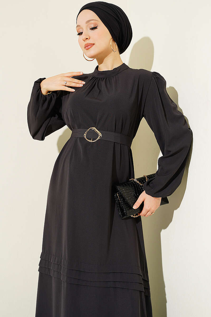 Belted Evening Dress with Gold Buckle - Smoke Grey