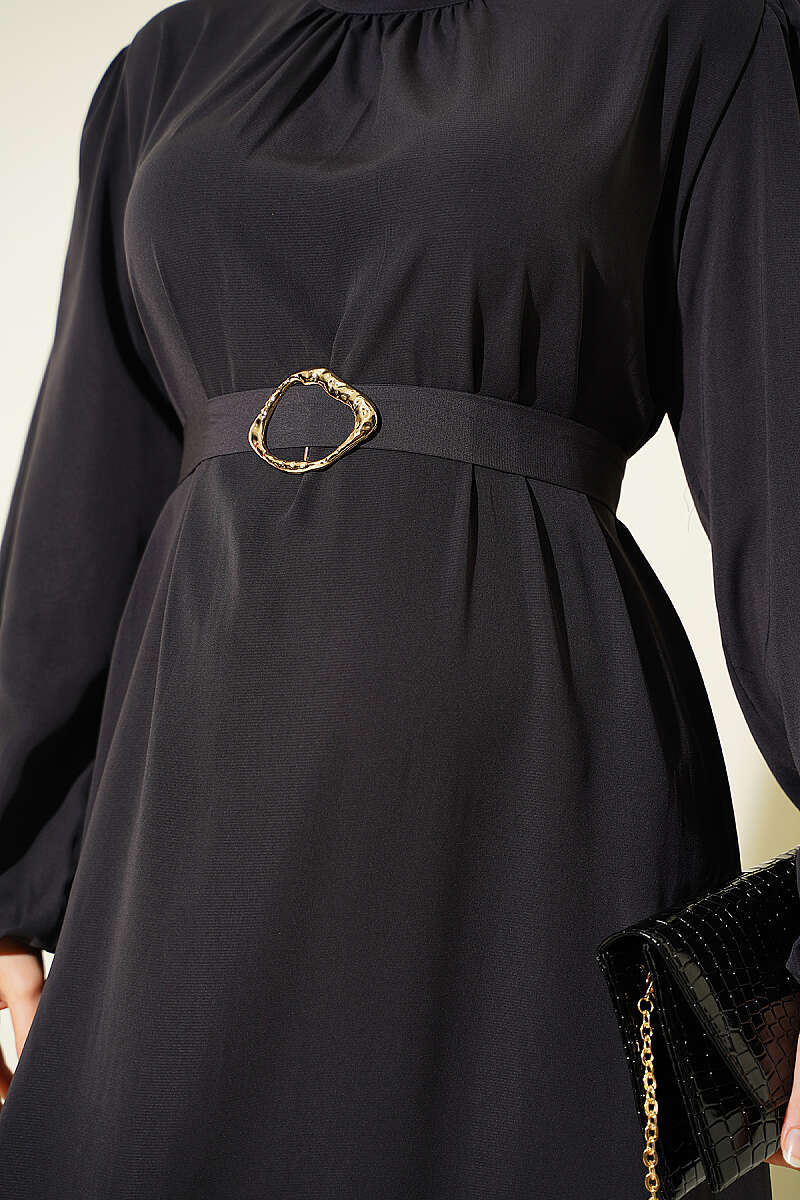 Belted Evening Dress with Gold Buckle - Smoke Grey