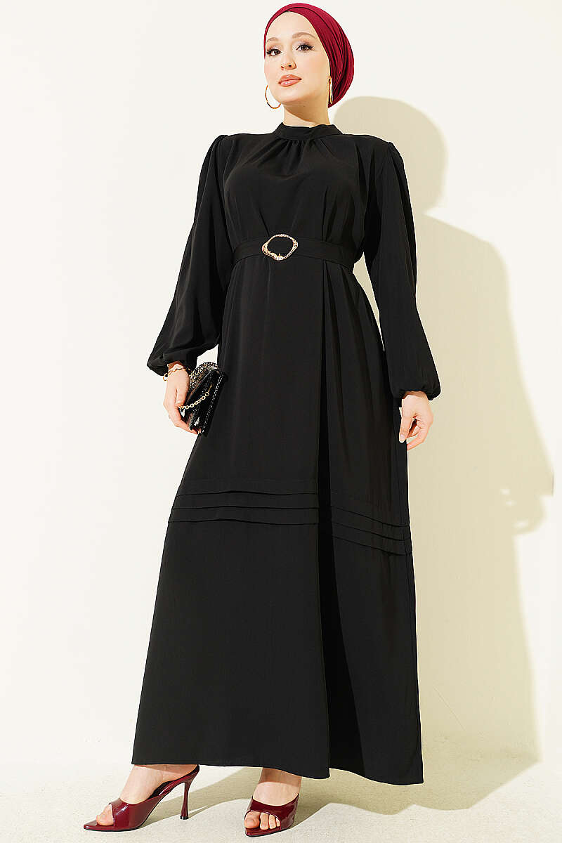 Belted Evening Dress with Gold Buckle - Black
