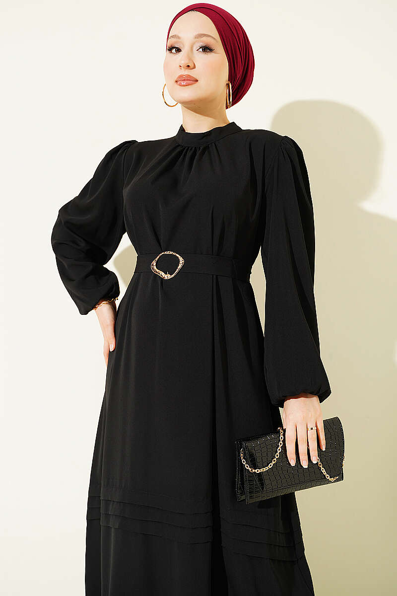 Belted Evening Dress with Gold Buckle - Black