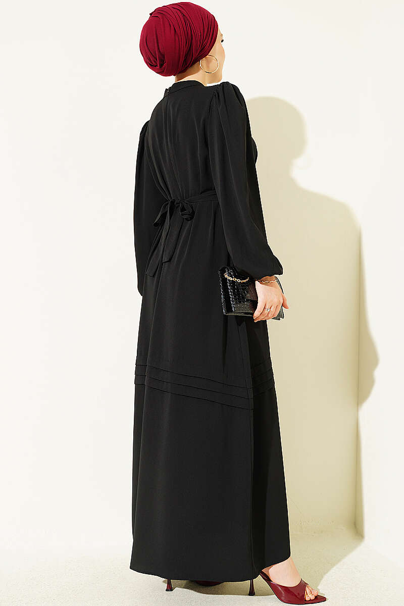 Belted Evening Dress with Gold Buckle - Black