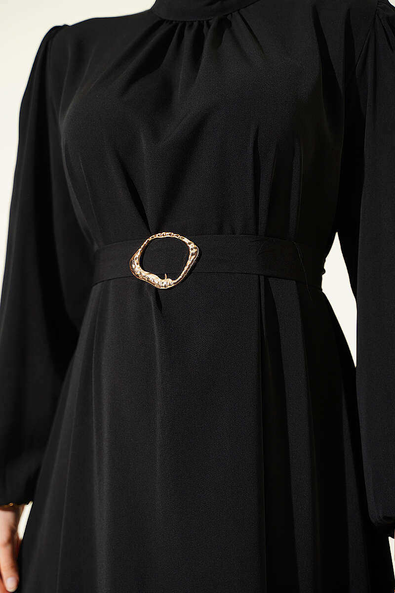 Belted Evening Dress with Gold Buckle - Black