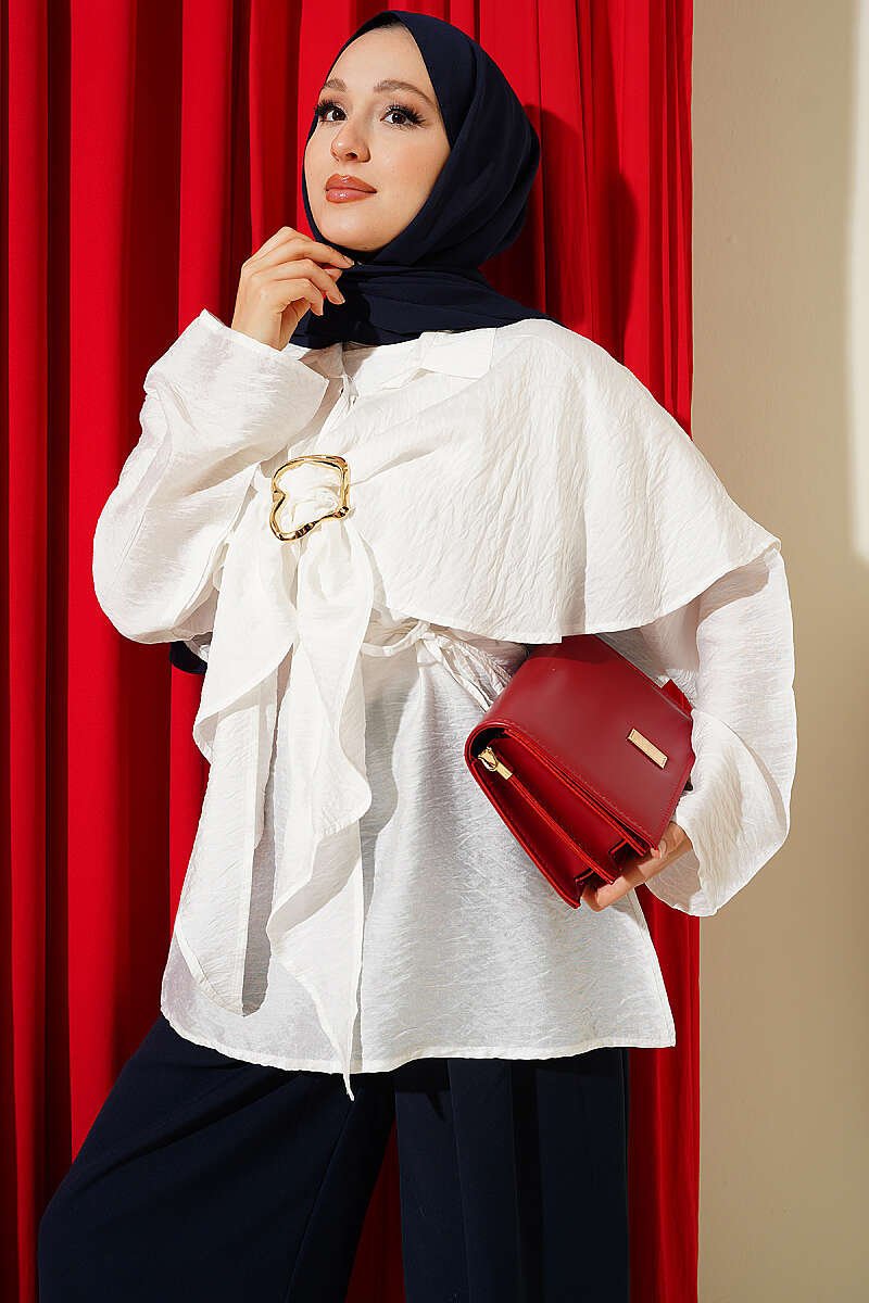 Cape Shirt with Gold Buckle - Ecru