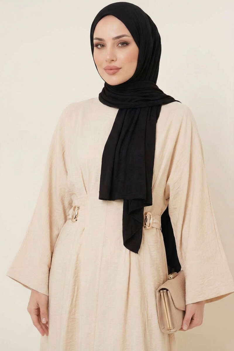 Dart Dress with Gold Buckle - Beige