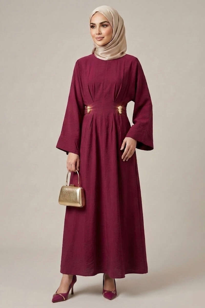 Dart Dress with Gold Buckle - Burgundy